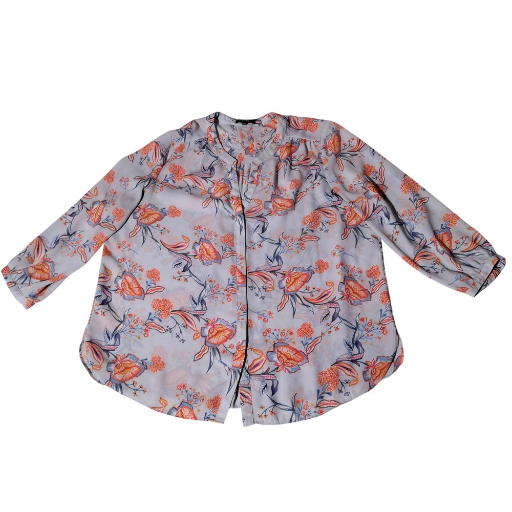 NYDJ Womens Floral Pintuck Blouse Blue Orange 3/4 Sleeve Size L Hidden Button